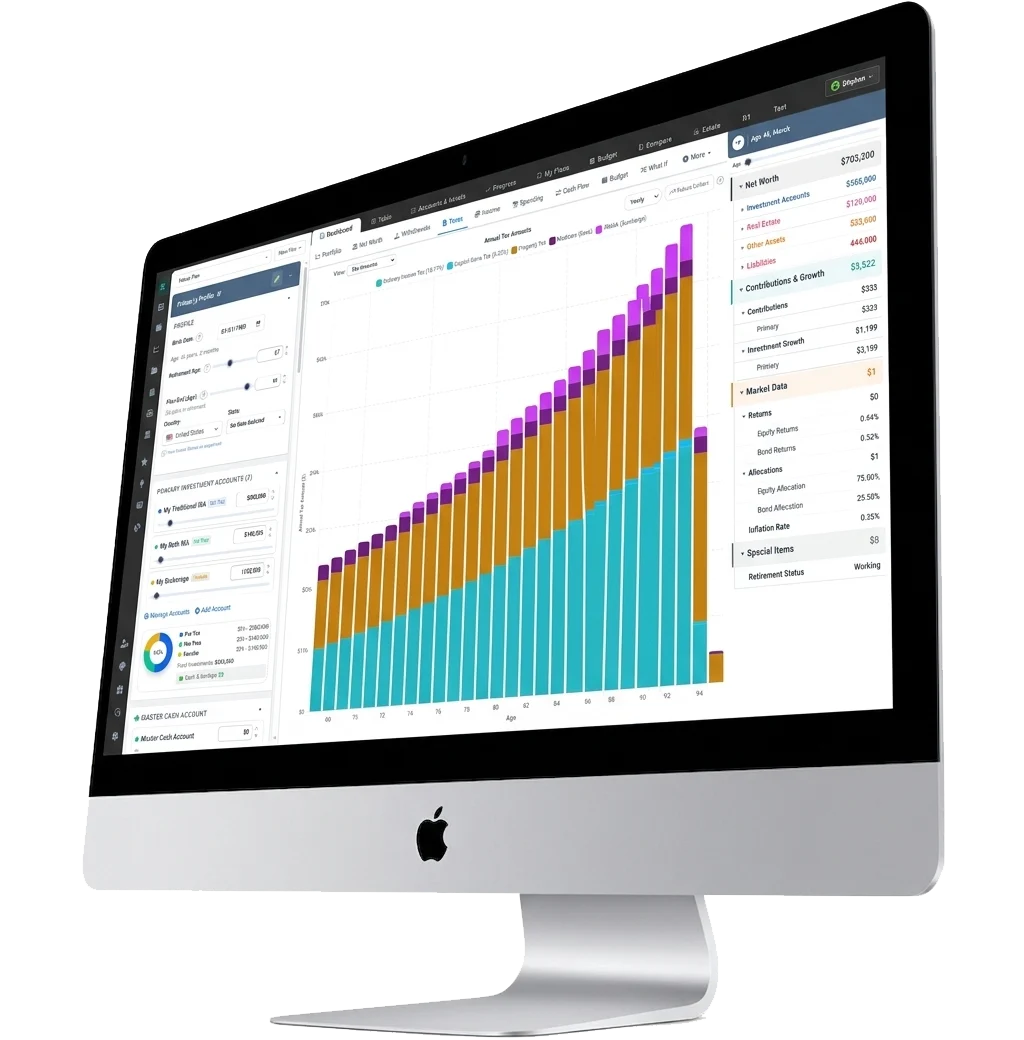 Ready Aim Retire tax planning dashboard showing RMD forecasts and tax settings