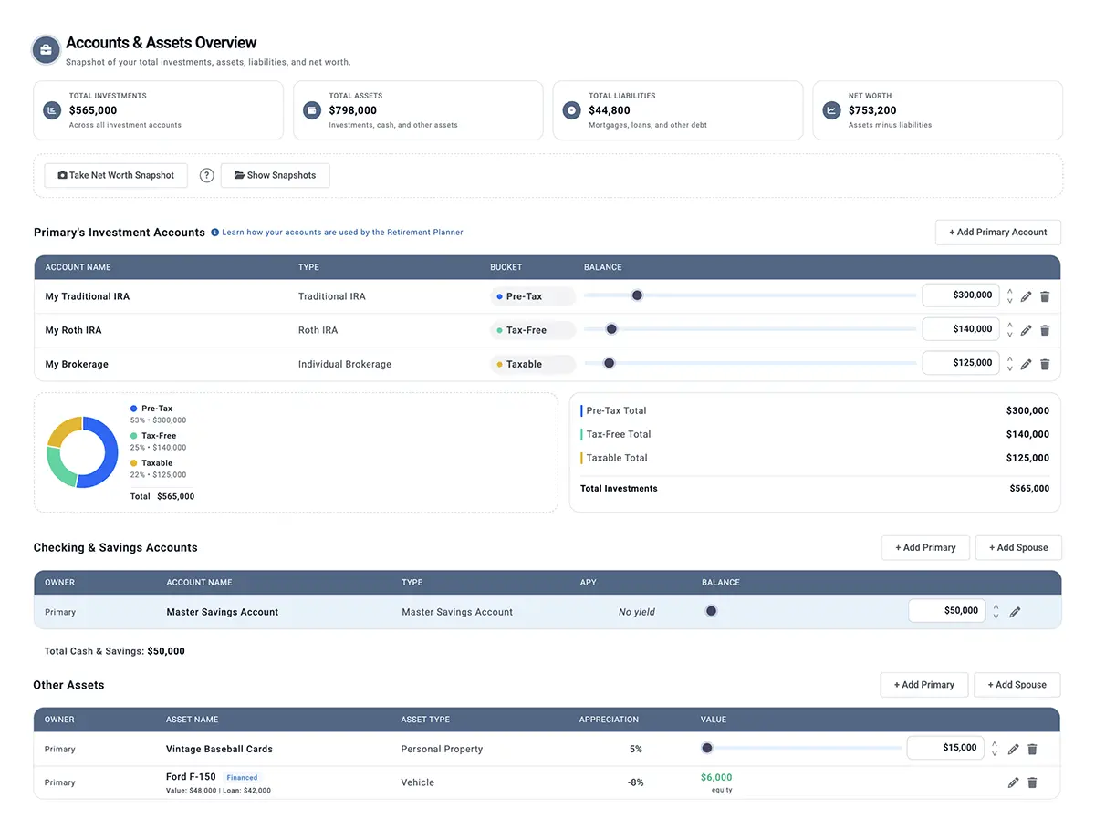 Accounts and Assets Overview showing investment accounts, checking and savings, and other assets