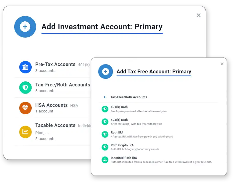 Add investments dialog showing account types and balances