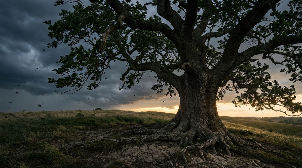 A massive, deeply-rooted old oak tree standing firm on a hillside during a violent windstorm, its exposed gnarled roots gripping cracked earth while storm debris and torn leaves blow past it, warm late-afternoon light breaking through dark storm clouds behind it