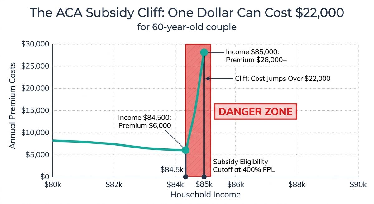 Chart showing dramatic premium cost difference at ACA subsidy cliff - $6,000 at $84,500 income jumping to $28,000+ at $85,000 income for 60-year-old couple