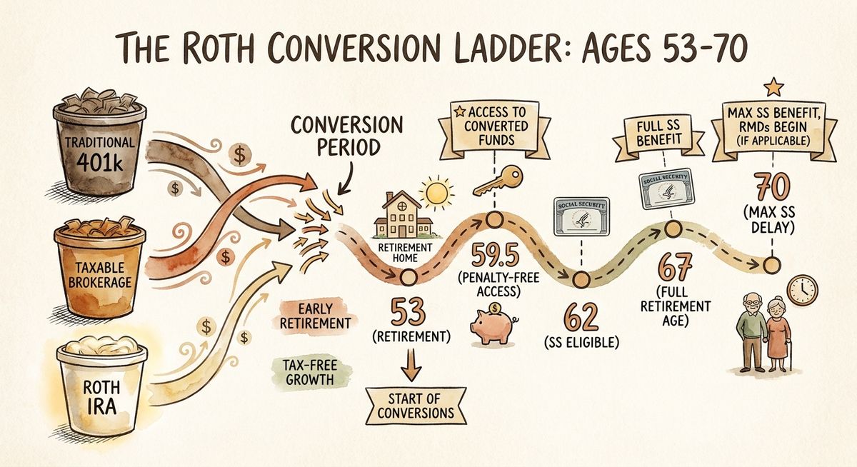 Timeline infographic showing Roth conversion ladder strategy from age 53-70, illustrating account withdrawals and conversions sequence