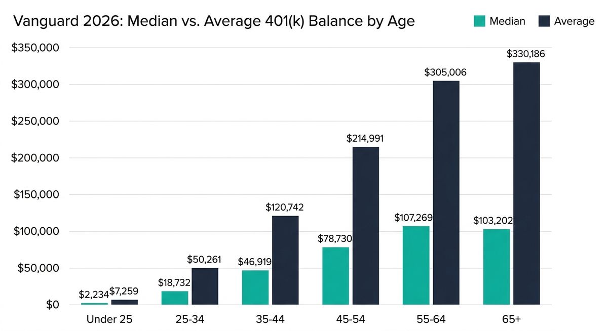 Bar chart comparing Vanguard's 2026 401(k) median versus average balance by age group, showing the average consistently two to four times higher than the median at every age