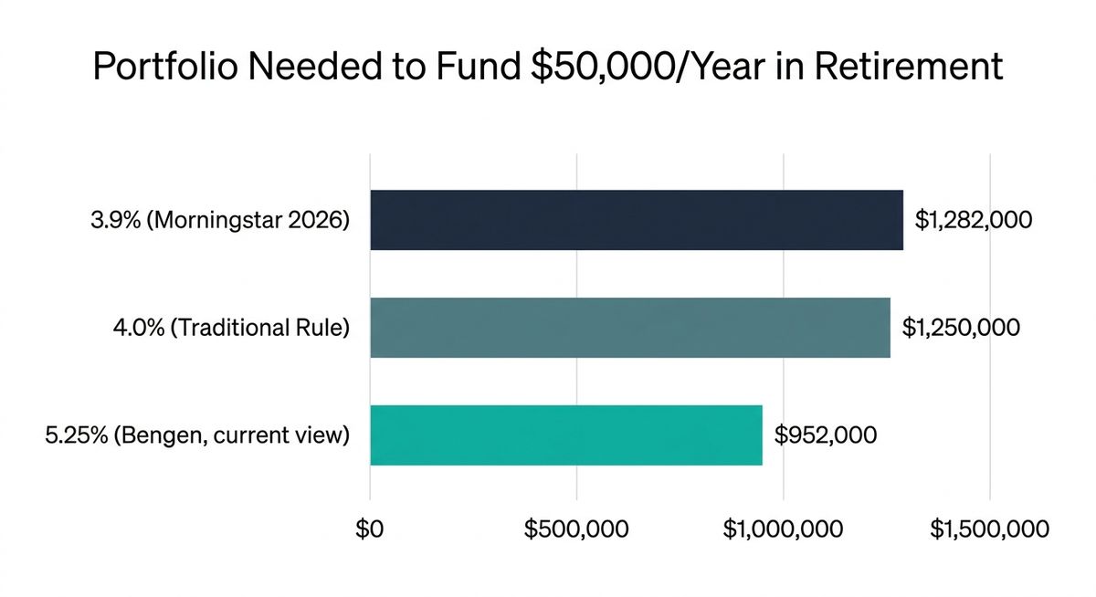 Bar chart showing the portfolio size needed to fund $50,000 a year in retirement income at three different safe withdrawal rates: 1,282,000 dollars at 3.9 percent, 1,250,000 dollars at 4 percent, and 952,000 dollars at 5.25 percent