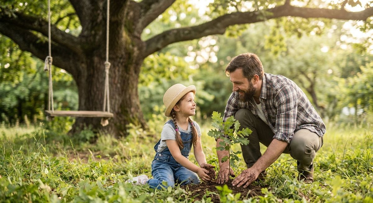 Father and young daughter kneeling together in a backyard planting an oak sapling at golden hour, with a large mature oak tree behind them, illustrating generational wealth built through long-term compounding