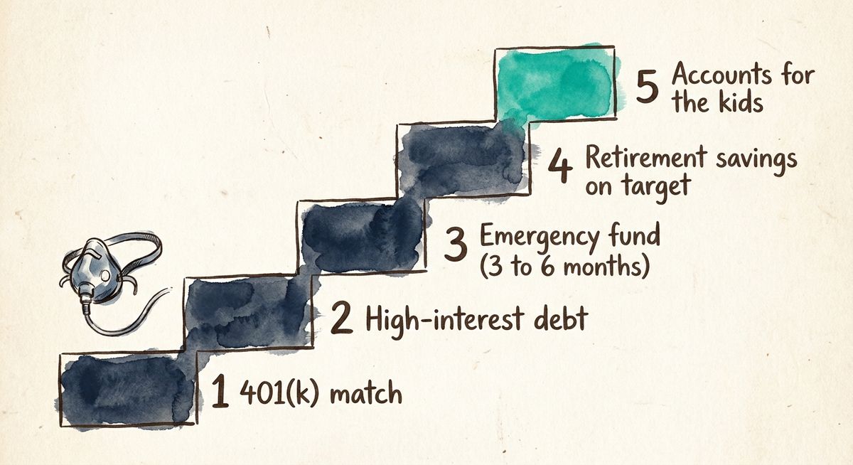 Hand-drawn staircase showing the order to fund first: 401(k) match, high-interest debt, emergency fund, retirement savings on target, and only then accounts for the kids