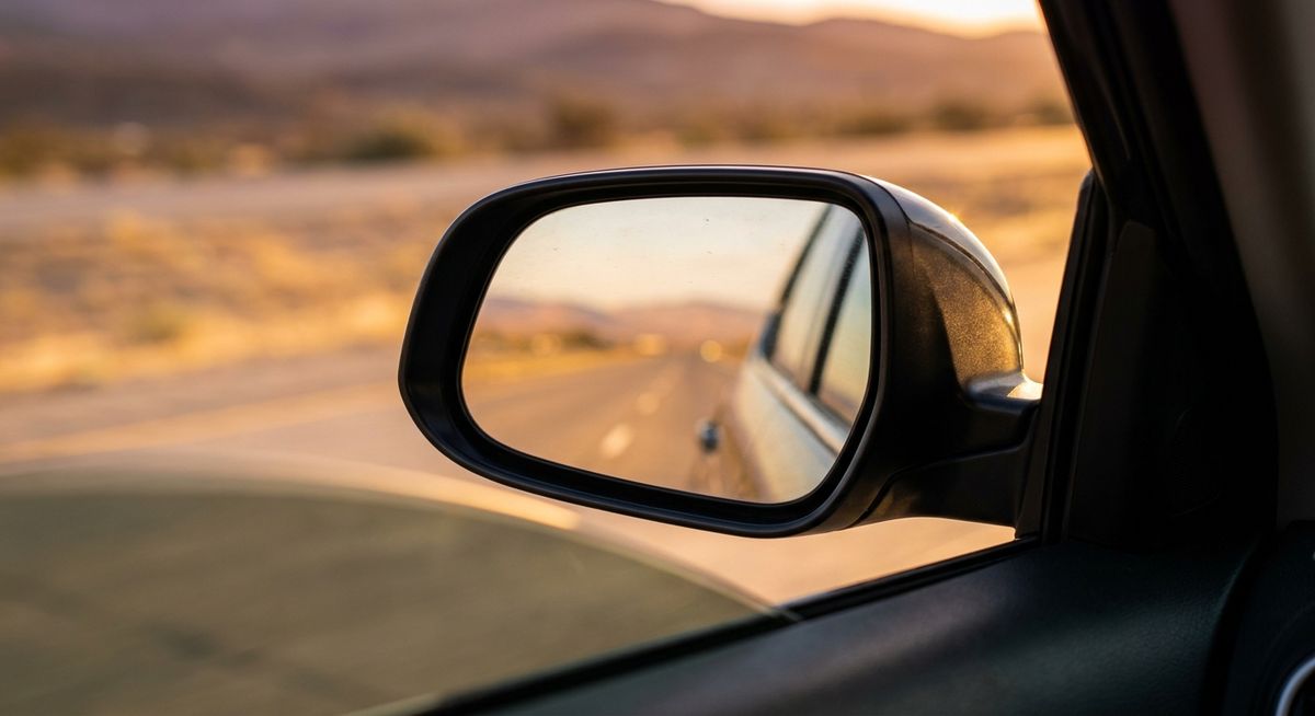 Close-up of a car's rearview mirror at golden hour reflecting a long highway stretching backward, with the open road ahead blurred in the background