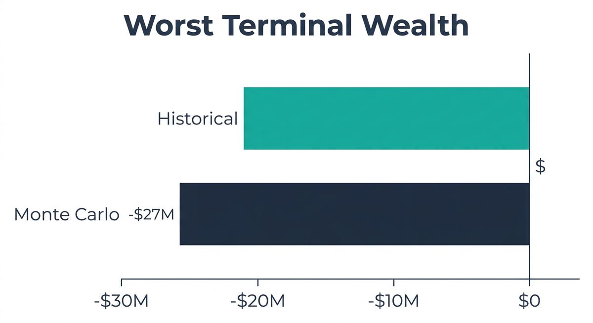 Horizontal bar chart comparing worst terminal wealth outcomes: Historical simulation bottoms out at zero dollars, while Monte Carlo simulation bottoms out at negative twenty-seven million dollars