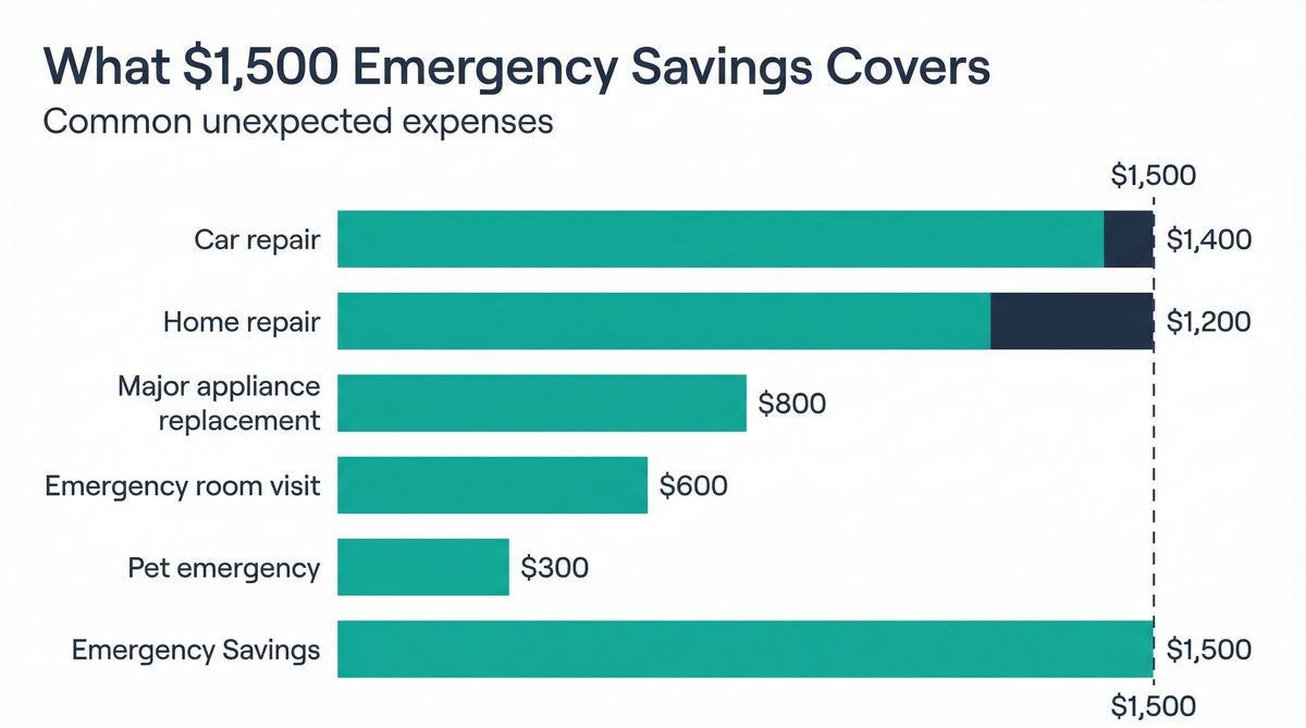 Horizontal bar chart showing common emergency expenses: car repair $1,400, emergency room visit $900, appliance replacement $600, pet emergency $800, home repair $1,200