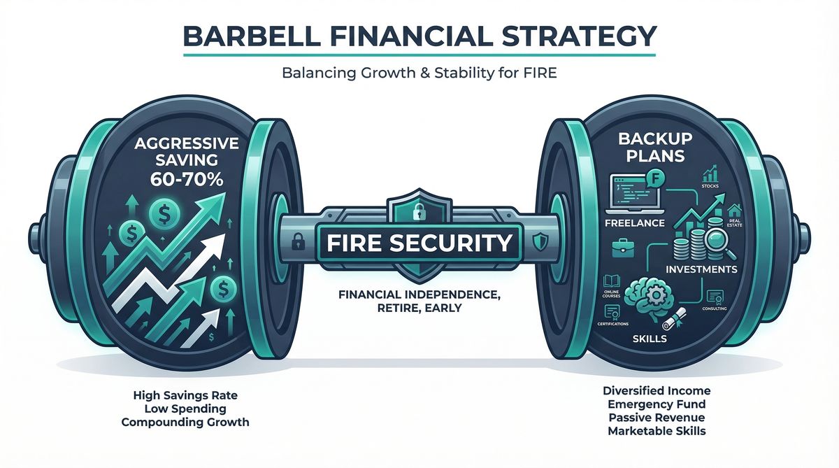 Infographic showing barbell strategy with aggressive saving on one side and backup income plans on the other, connected by FIRE security in the middle