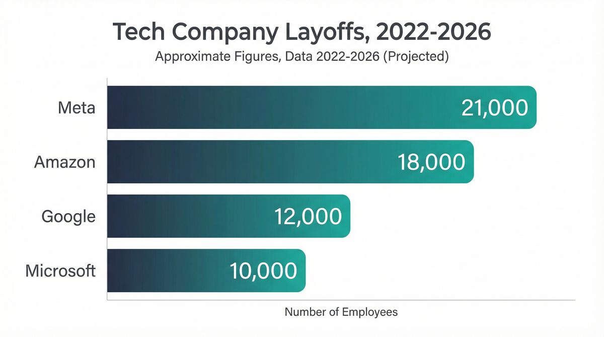 Bar chart showing tech company layoffs since 2022: Meta 21,000, Amazon 18,000, Google 12,000, Microsoft 10,000 employees