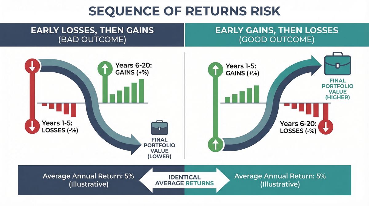 Infographic showing sequence of returns risk with two timeline arrows: one showing early losses followed by gains resulting in poor outcomes, another showing early gains followed by losses resulting in better outcomes