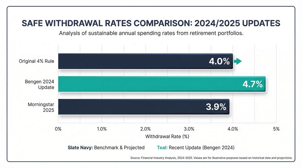 Professional financial chart comparing withdrawal rates showing Original 4% Rule at 4.0%, Bengen 2024 Update at 4.7%, and Morningstar 2025 at 3.9%