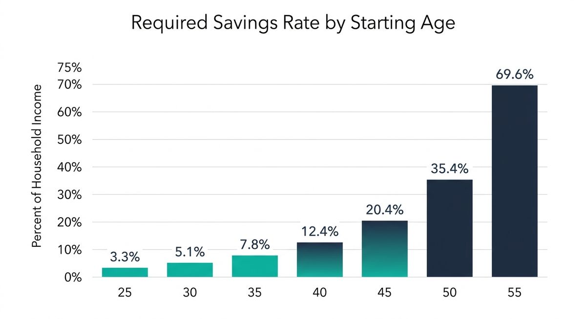 Bar chart showing the percentage of household income that must be saved for retirement, rising from 3.3% at age 25 to 69.6% at age 55