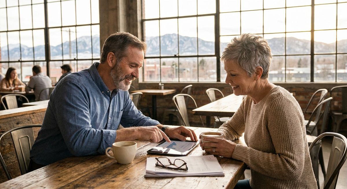 Professional couple Tom and Sarah, both in their early 60s, sitting at a modern coffee shop in Denver reviewing financial documents on a tablet, with coffee cups and natural lighting, shot from a slightly elevated angle