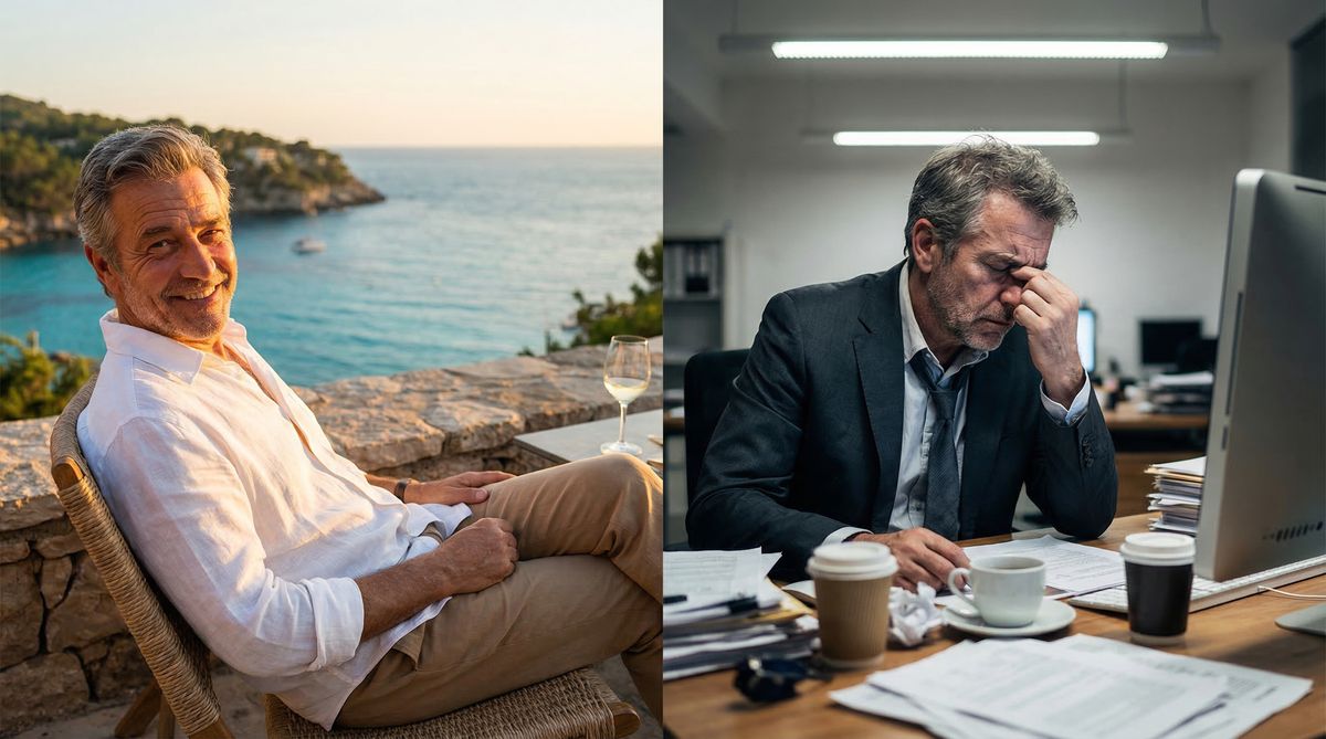 Split composition of identical twin brothers: one relaxed on Mediterranean terrace, the other stressed at office desk