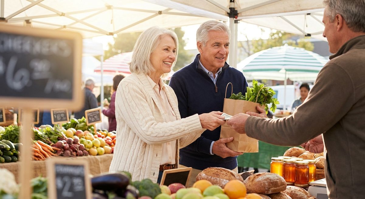 Elderly woman confidently reviewing investment portfolio with inflation-resistant assets displayed on tablet, surrounded by tangible wealth symbols