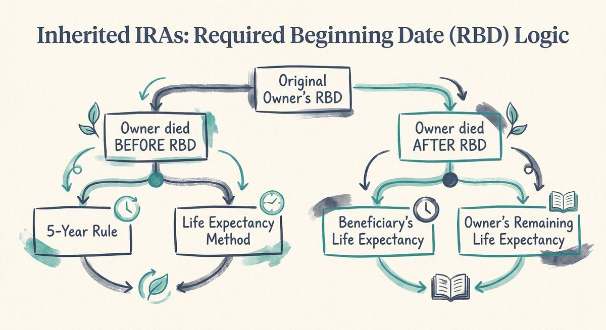 Decision tree infographic showing inherited IRA rules based on whether original owner died before or after Required Beginning Date
