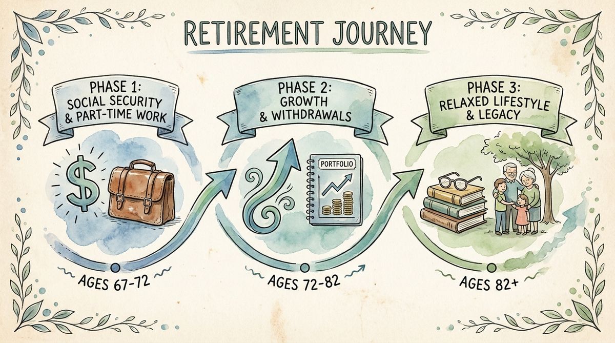 Hand-drawn infographic showing 3 retirement phases: Phase 1 (Ages 67-72) with Social Security + part-time work icons, Phase 2 (Ages 72-82) with portfolio withdrawal illustration, Phase 3 (Ages 82+) with reduced spending symbols. Watercolor brush stroke accents on warm textured paper background