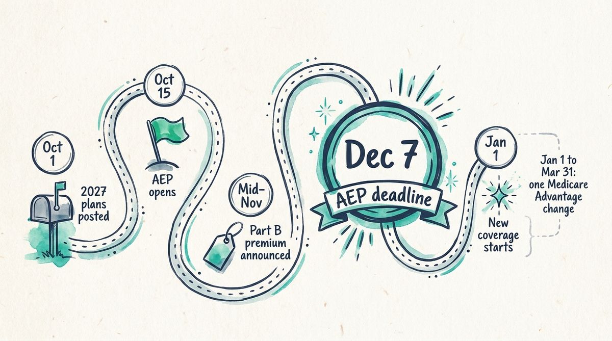 Hand-drawn timeline of Medicare open enrollment 2026 key dates from October 15 to December 7, with the January 1, 2027 coverage start