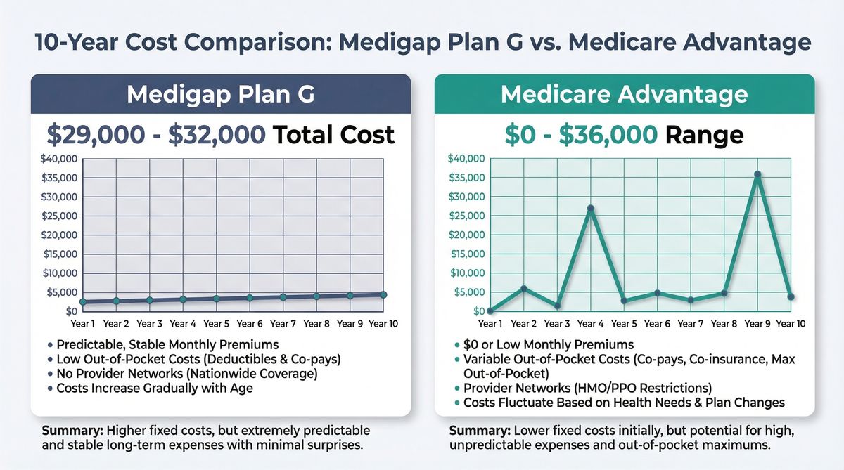 Professional cost comparison chart showing 10-year financial differences between Medigap Plan G ($29,000-$32,000 predictable costs) versus Medicare Advantage ($20,000-$56,000 variable costs)