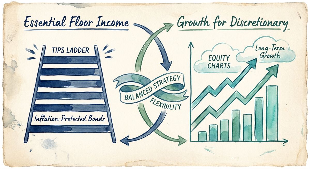 Split portfolio diagram showing 50% in TIPS ladder labeled 'Essential Floor Income' and 50% in diversified equities labeled 'Growth for Discretionary', with guaranteed vs flexible spending categories