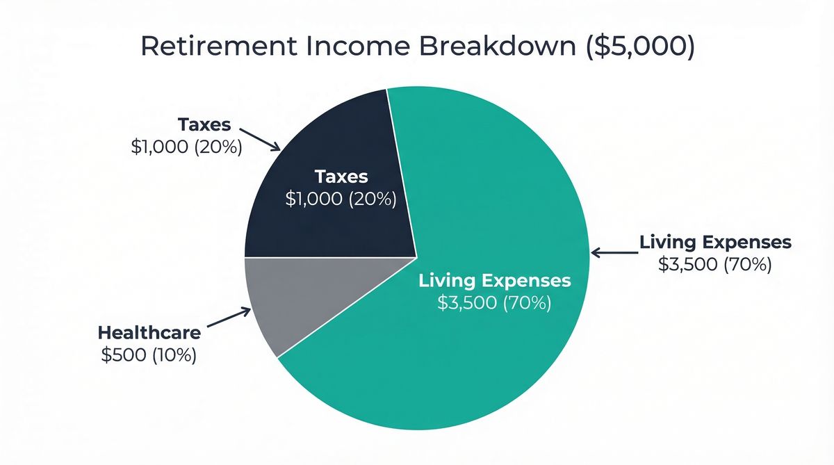 Pie chart showing how $35,000 retirement income breaks down: $18,500 for living expenses, $8,500 for healthcare, and $8,000 for taxes
