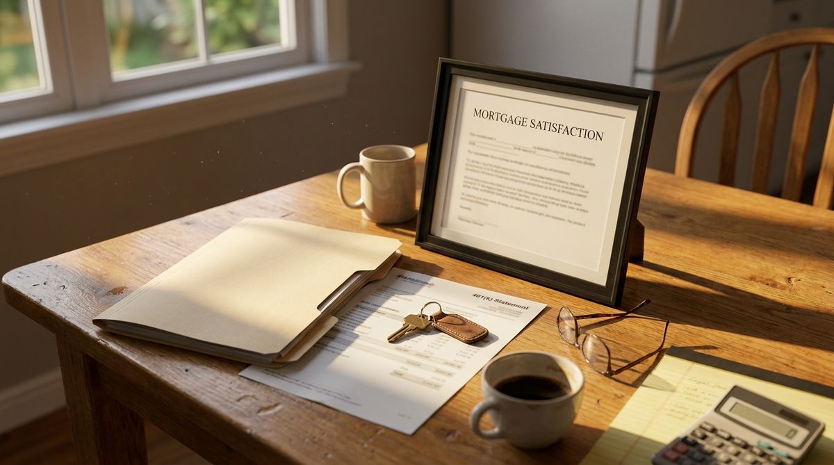 Two adjoining brick townhome porches at golden hour, one with a framed paid-off mortgage document and worn gardening gloves on the railing, the other with a rocking chair and a tablet showing a rising stock chart