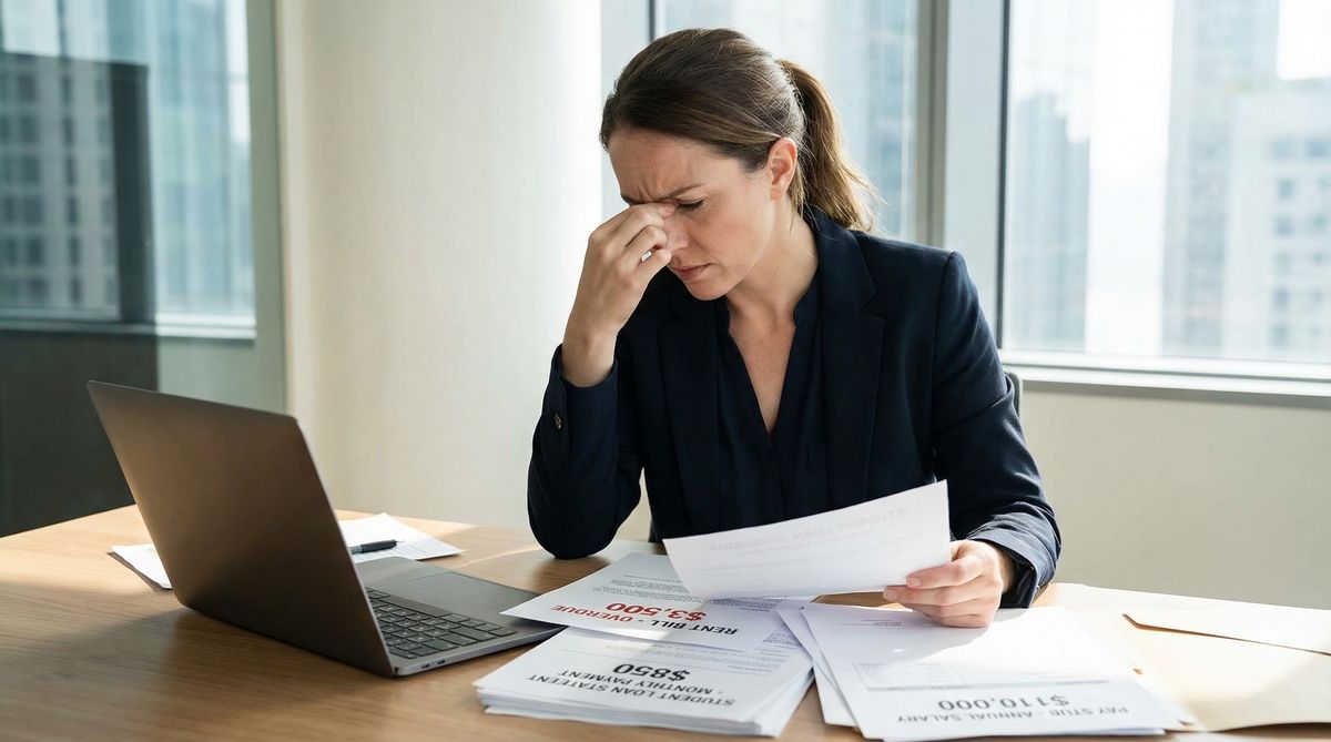 A professional woman in her 30s looking stressed while reviewing financial documents, representing the hidden financial struggles of high earners