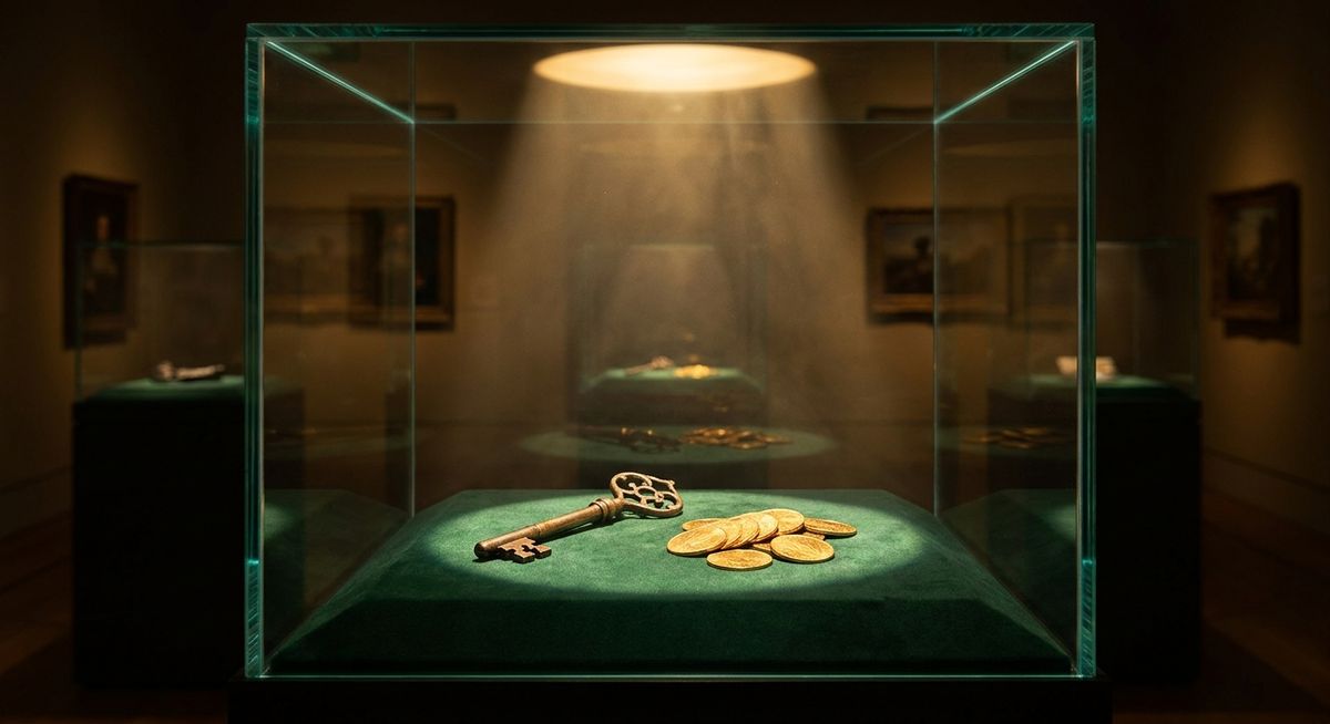 A single antique gold key and a small pile of gold coins displayed on a velvet cushion inside a spotlit museum glass case