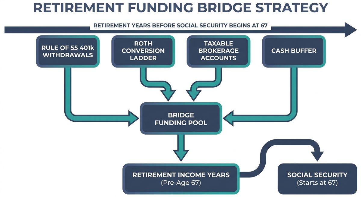 Flowchart showing retirement funding sources: Rule of 55 withdrawals from 401k, Roth conversion ladder over 5 years, taxable brokerage accounts, and cash buffer, all flowing into retirement years before Social Security begins