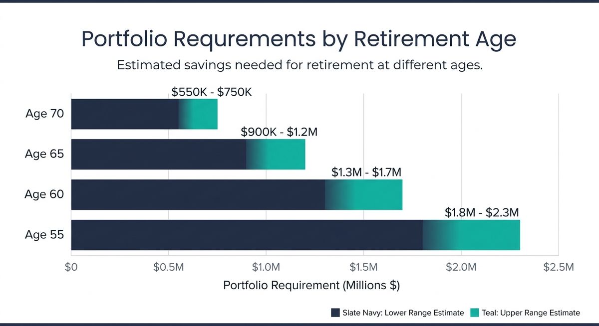 Clean bar chart showing portfolio needs by retirement age: 70 ($550K-750K), 65 ($900K-1.2M), 60 ($1.3M-1.7M), 55 ($1.8M-2.3M), with Social Security contribution shown