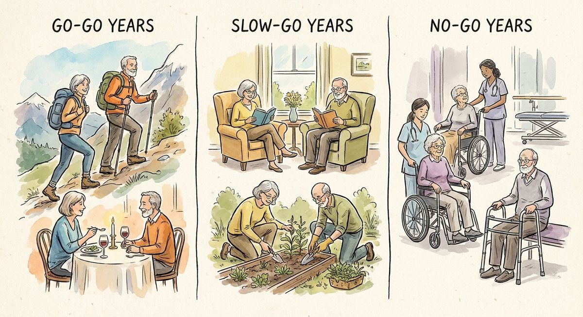 Illustrated timeline showing three retirement phases: go-go years with couple traveling and dining out, slow-go years with quieter activities at home, and no-go years with healthcare focus