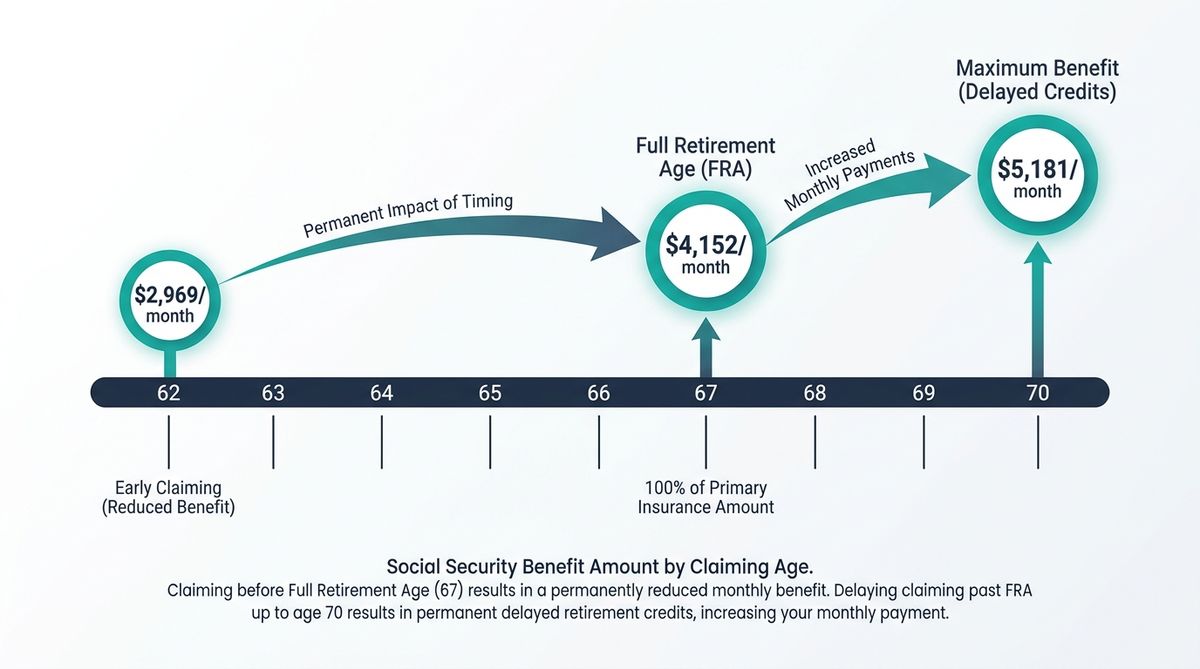 Timeline chart showing Social Security benefits from age 62 to 70: $2,969/month at 62, $4,152/month at 67, $5,181/month at 70, with arrows showing the permanent impact of each decision
