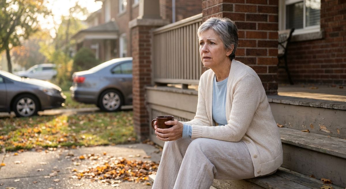 A woman in her early 60s sitting on a suburban townhouse porch in morning light, holding a coffee mug and looking off into the distance with a thoughtful expression.