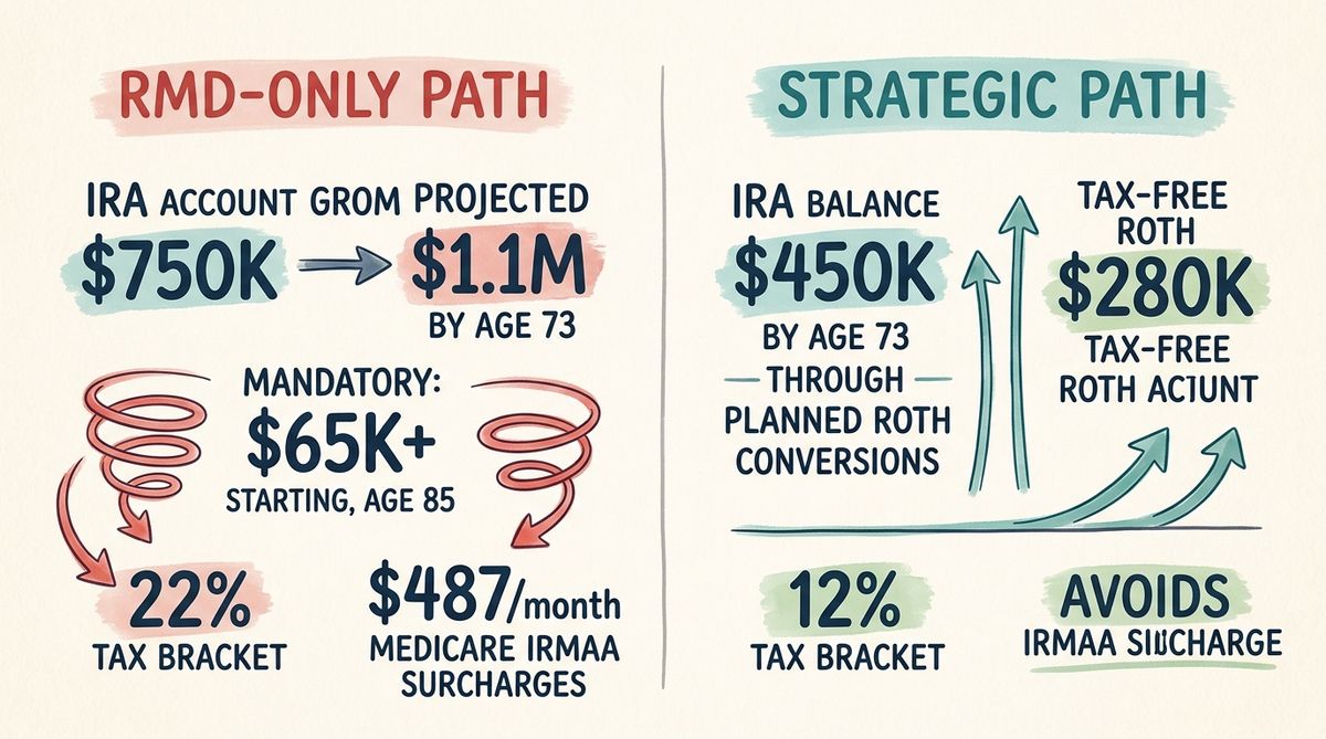 Hand-drawn infographic showing the retirement gap years strategy with timeline and conversion opportunities