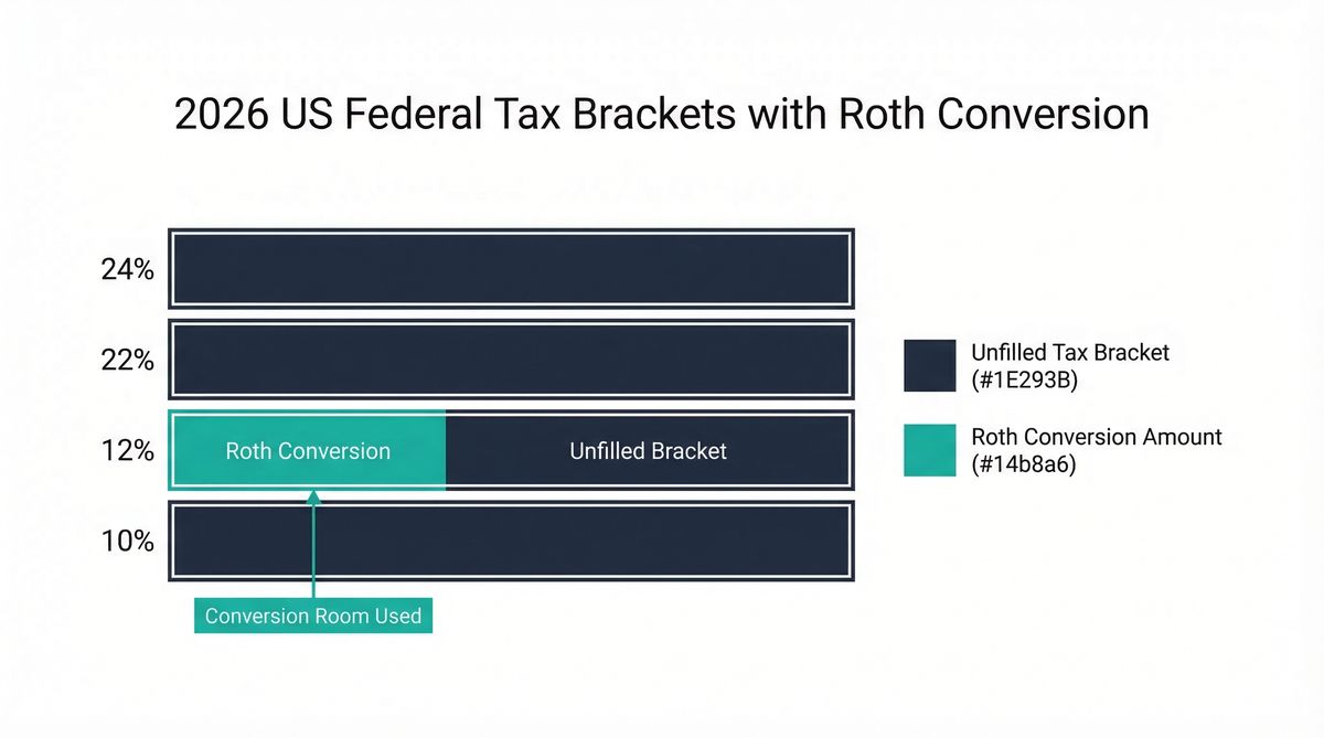 Data visualization showing 2026 federal tax brackets as horizontal bars with a Roth conversion amount filling the 12% bracket in teal, illustrating the concept of bracket filling