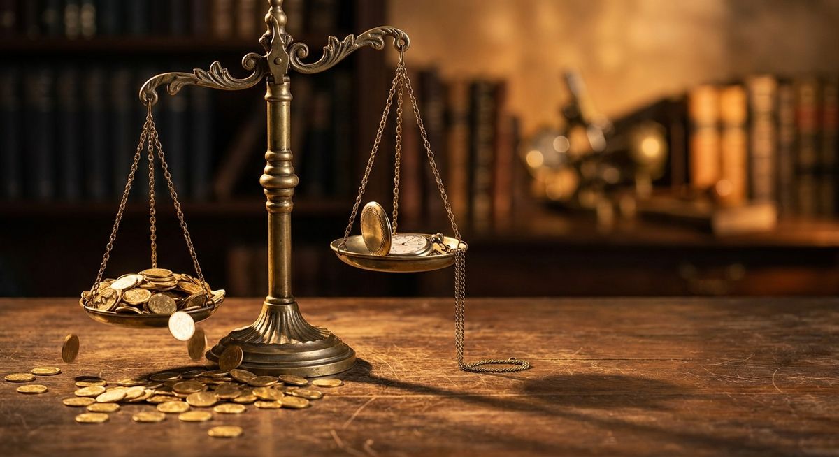 An antique hourglass on a dark desk with gold coins pouring from the top chamber into an already overflowing bottom chamber