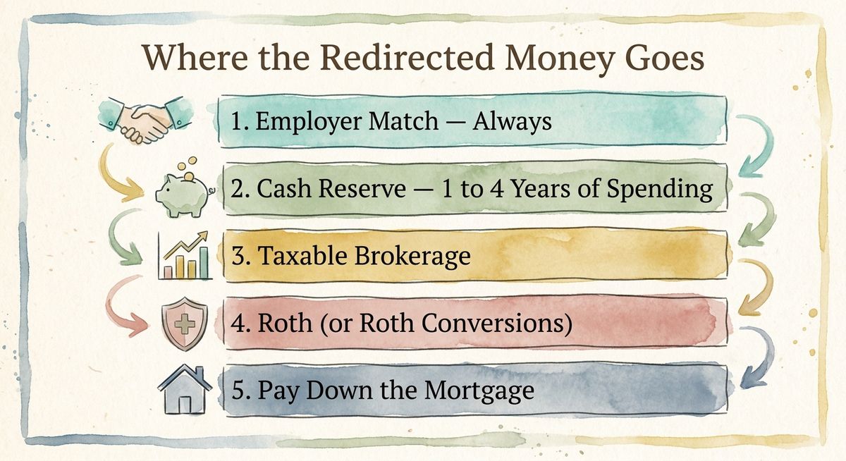 Hand-drawn infographic showing a five-step priority order for redirected retirement savings: employer match, cash reserve, taxable brokerage, Roth, then paying down the mortgage