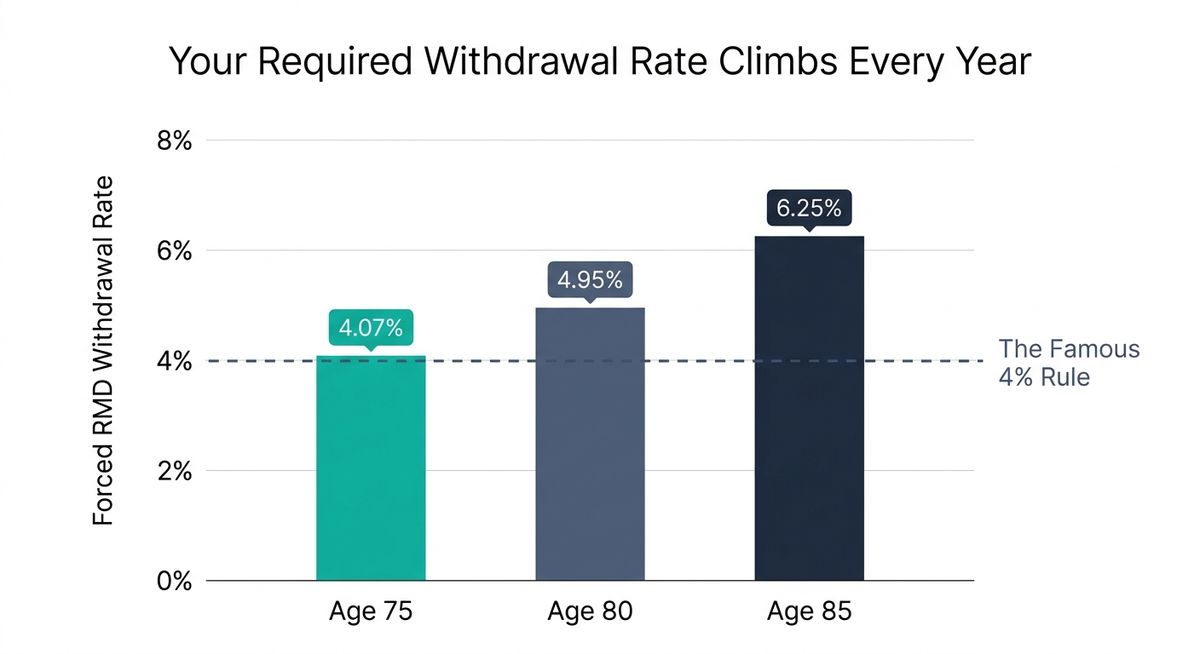 Bar chart showing the forced RMD withdrawal rate climbing from 4.07% at age 75 to 4.95% at age 80 to 6.25% at age 85
