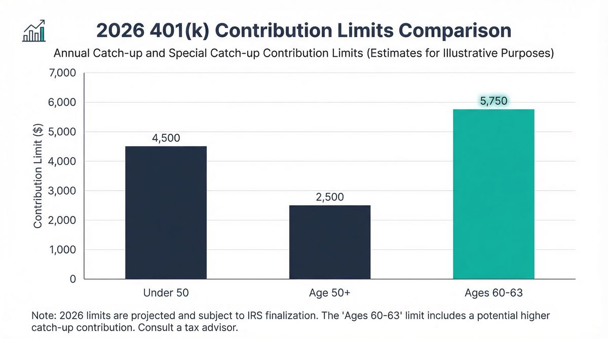 Bar chart showing 2026 401k contribution limits: Under 50 ($24,500), Age 50+ ($32,500), and Ages 60-63 ($35,750) highlighted in teal