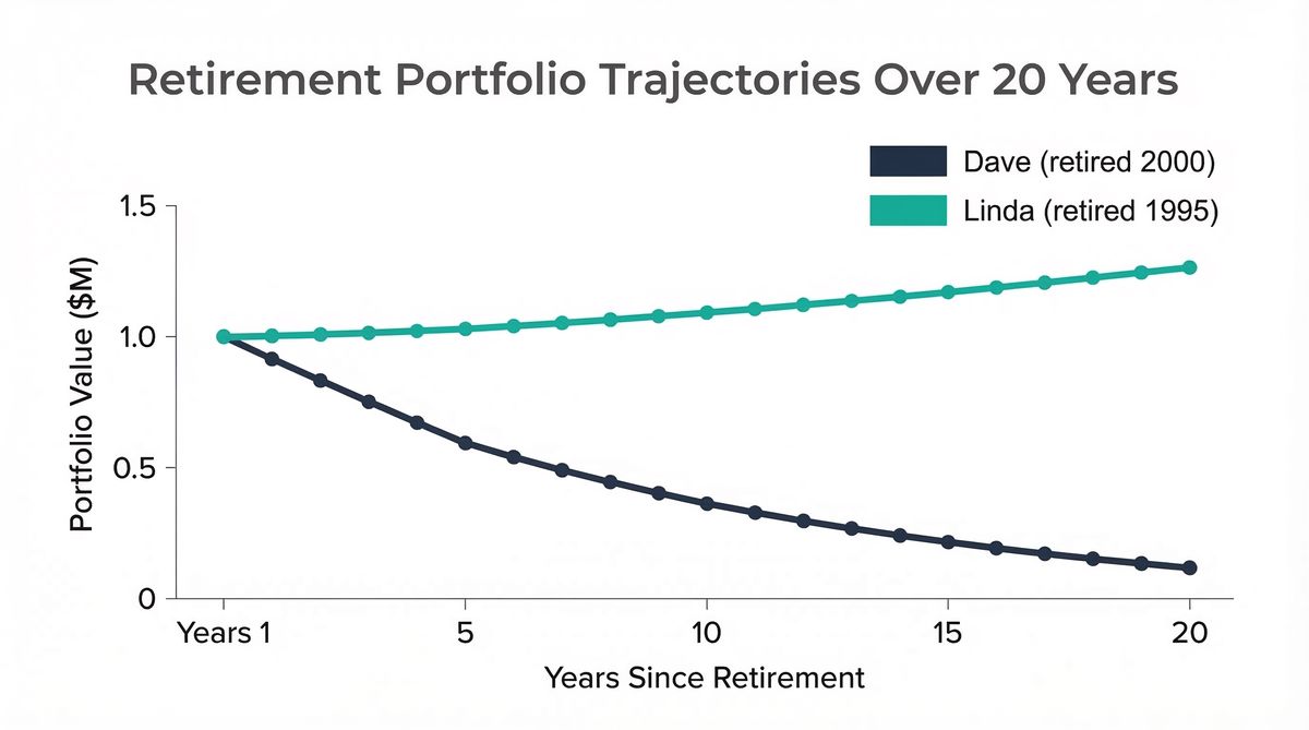 Chart comparing Dave and Linda's portfolio values over 20 years, showing Dave's decline to near zero while Linda's grew to over $1.2M