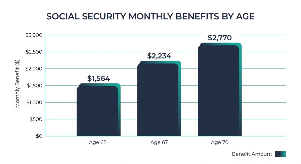 Bar chart showing Social Security monthly benefits at ages 62, 67, and 70