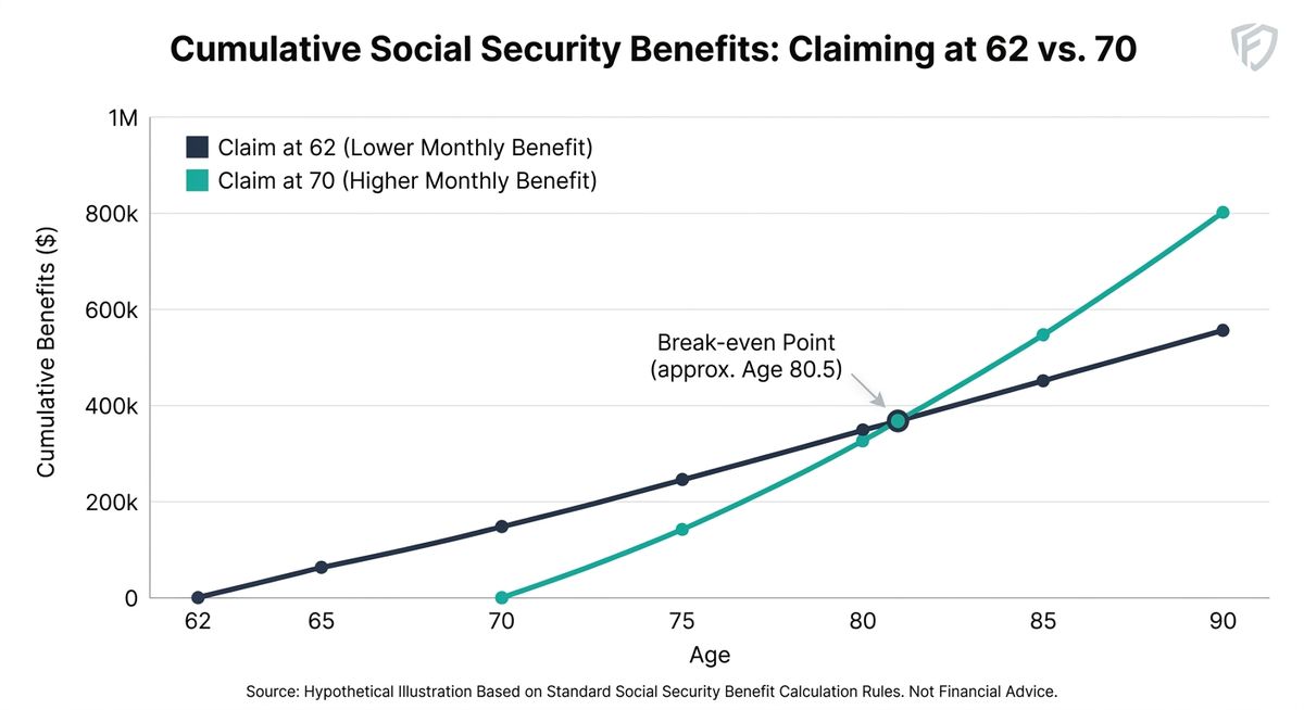 Line chart showing cumulative Social Security benefits over time, with break-even point at age 80-81