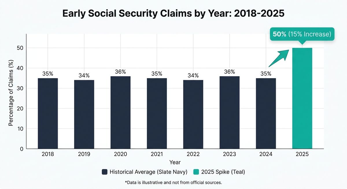 Bar chart showing the dramatic 15% surge in early Social Security claims in 2025 compared to historical averages