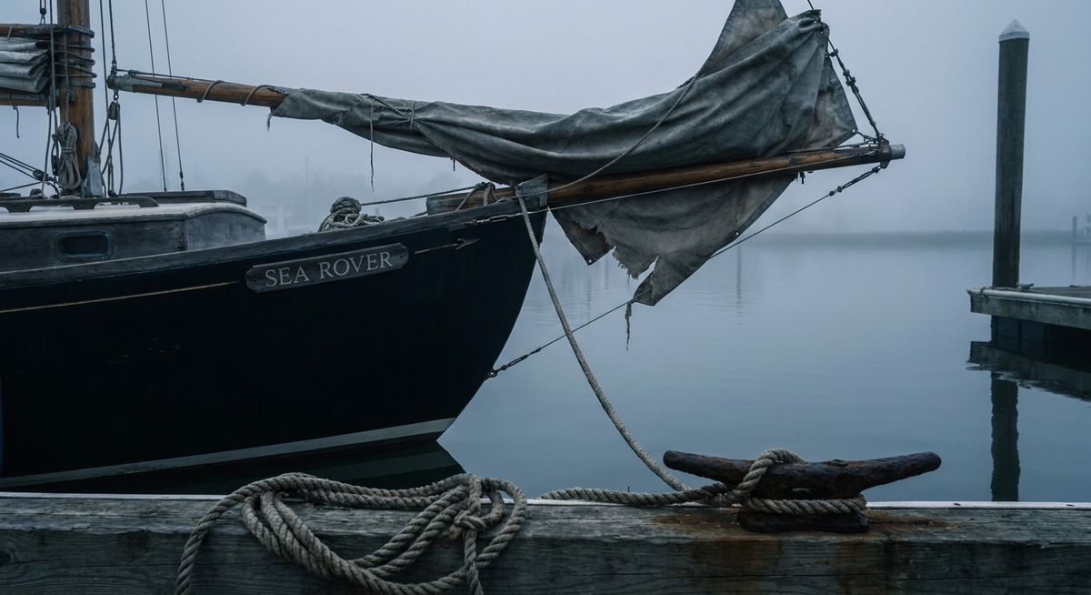 A weathered sailboat sitting unused in its marina slip at dawn, half-covered, with nobody aboard
