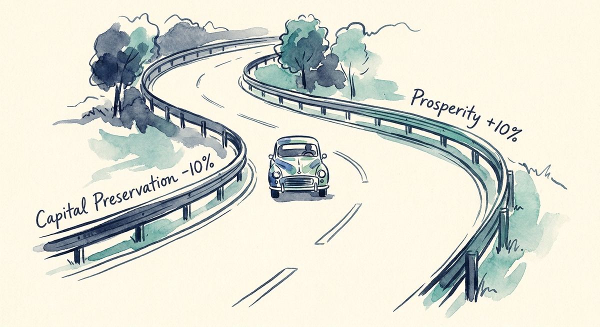 Hand-drawn illustration of a winding road with a lower guardrail labeled Capital Preservation and an upper guardrail labeled Prosperity, a small car in the middle lane representing the retiree's spending