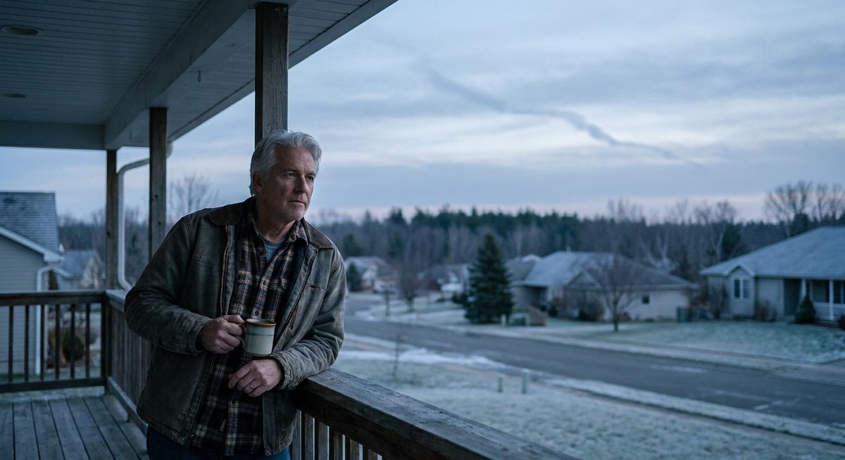 A man in his mid-60s standing on a porch at dawn in early 2009, coffee in hand, watching a faint downward market chart line etched into the clouds over the horizon