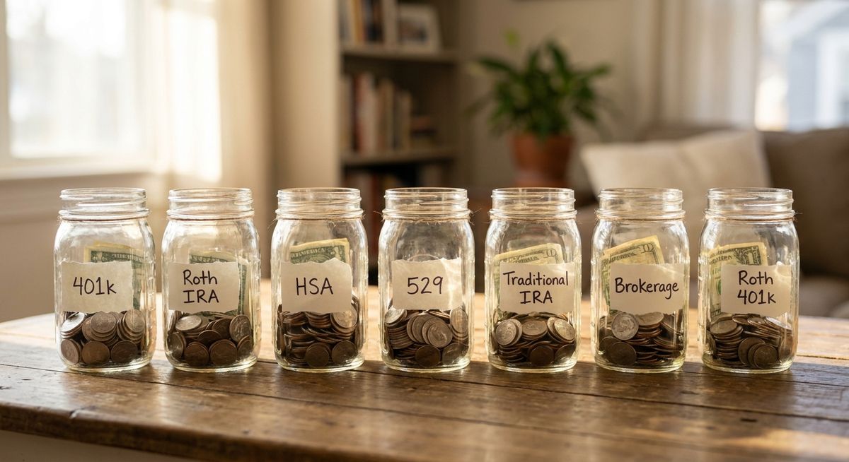 Seven labeled glass jars filled with coins, each jar representing a different U.S. investment account wrapper