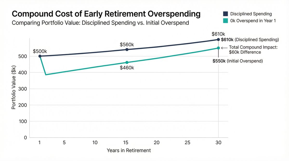 Chart showing the compound cost of early retirement overspending over 30 years